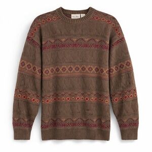 Vintage New River Mens XL Brown Fair Isle Geometric Crew Neck Cotton Sweater Y2K